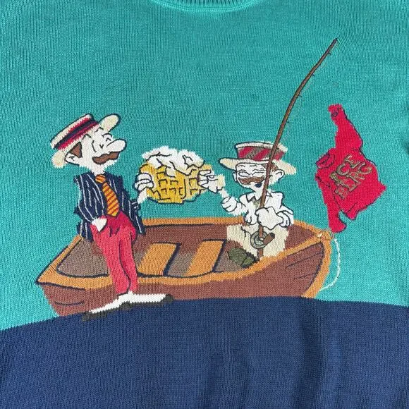 Vintage 90s Iceberg Made in Italy Beer Fishing Graphic Knit Cotton Sweater Sz XL